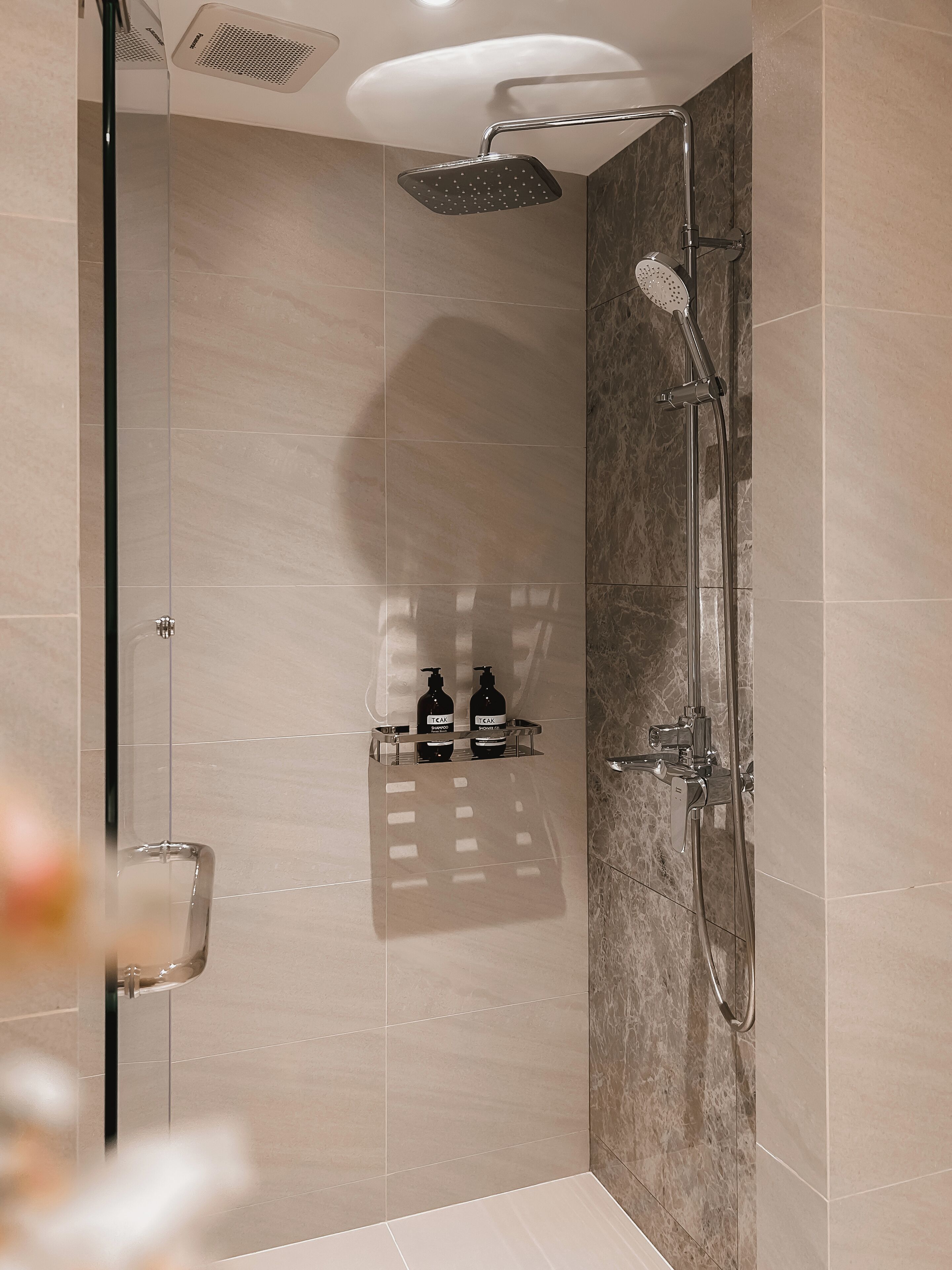 A modern shower area with a handheld showerhead, a wall-mounted showerhead, and a glass-enclosed shower stall. There are two bottles of shampoo and conditioner on a shelf.