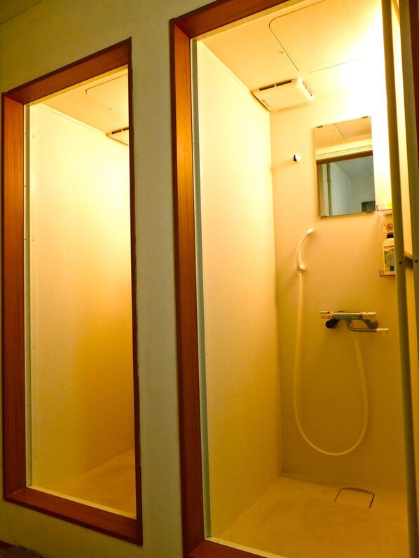 A bathroom with a mirror, a shower, and a toilet.