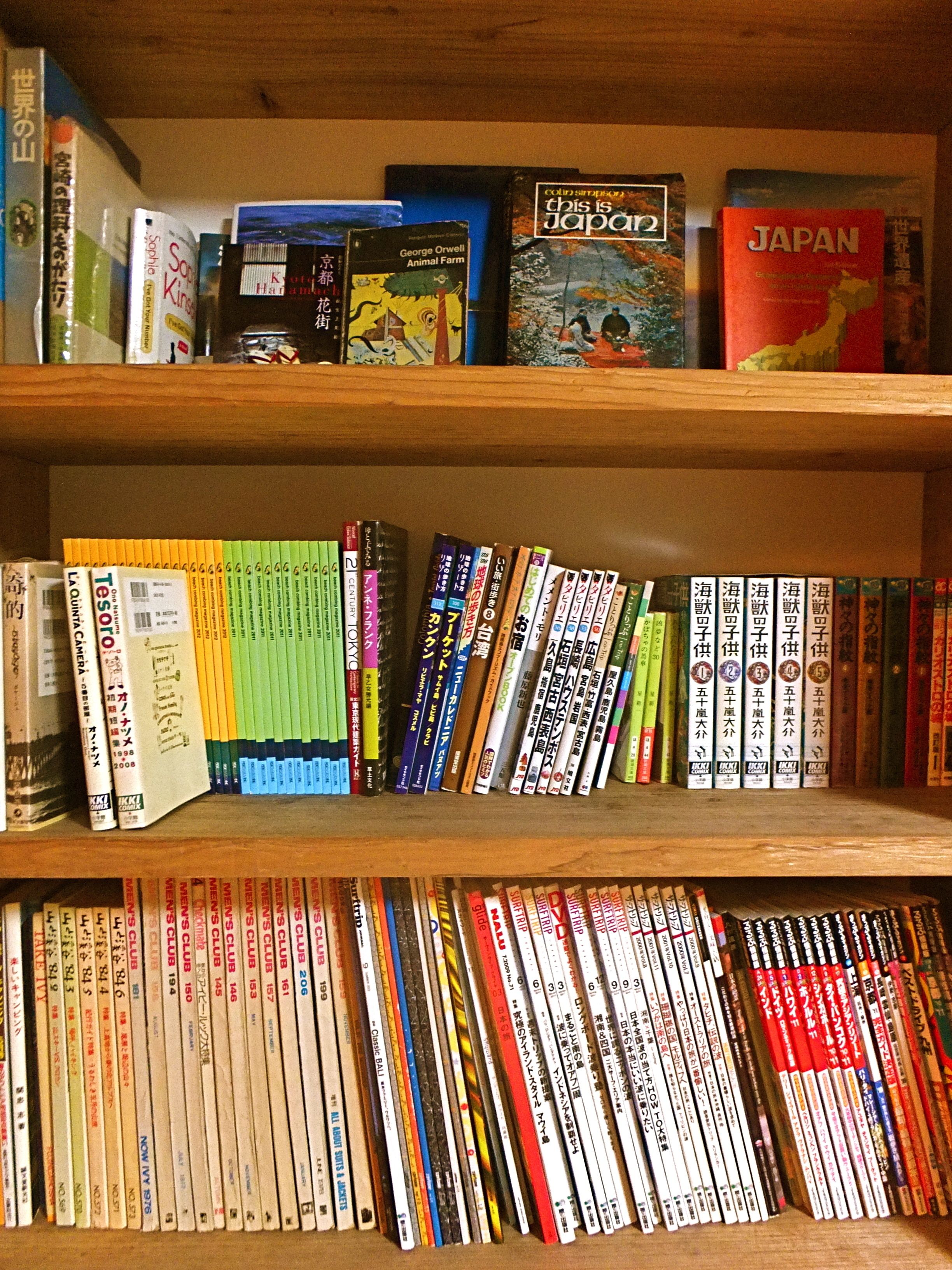 A bookshelf with various books, including travel guides and novels.