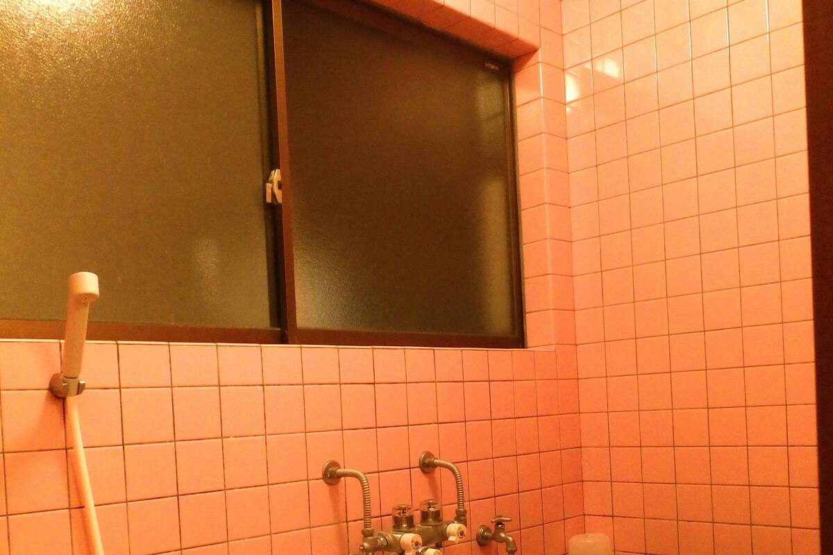 Een badkamer met een bad, een raam en een douche met een slang.