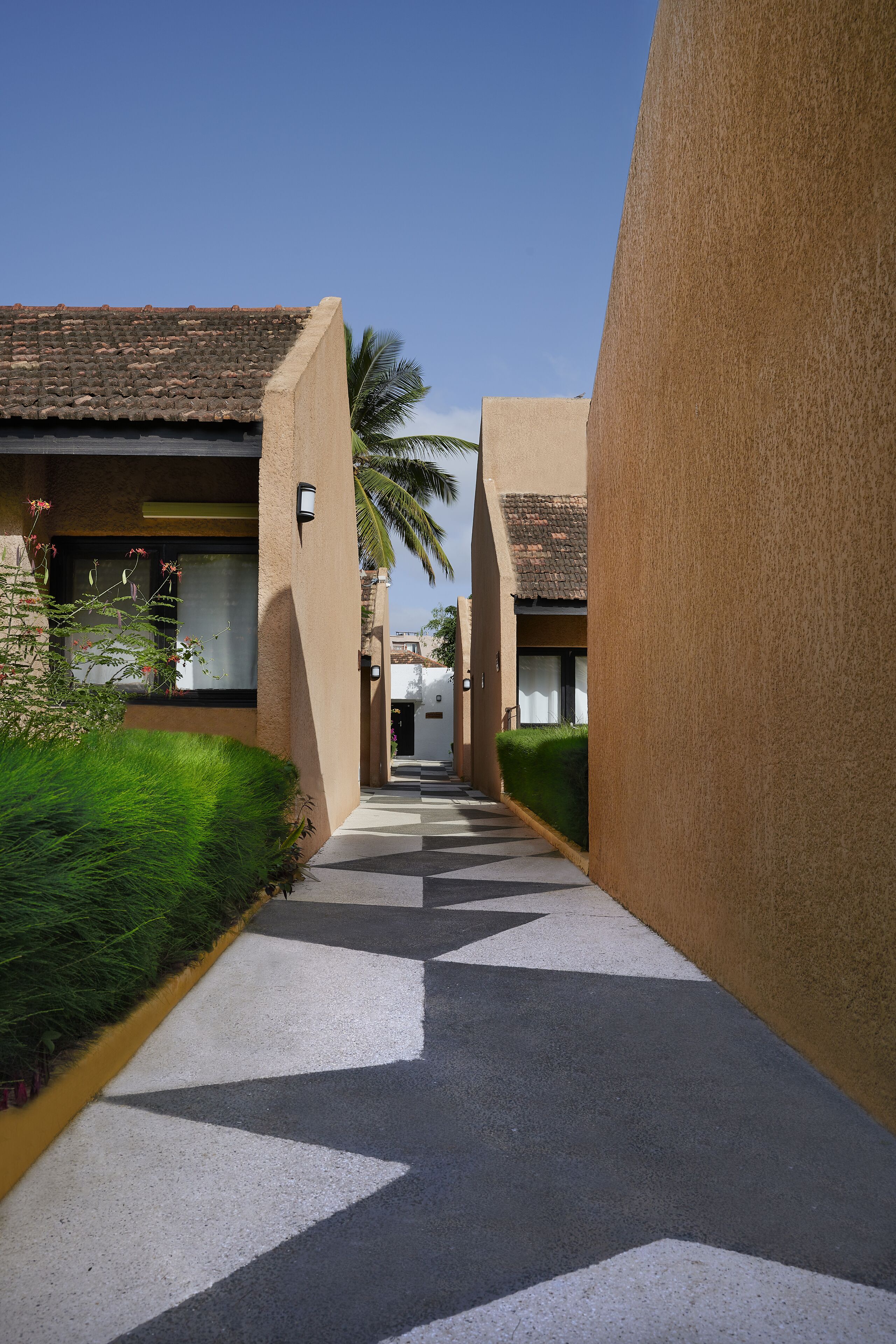 A narrow pathway flanked by buildings with a tiled roof and a palm tree.
