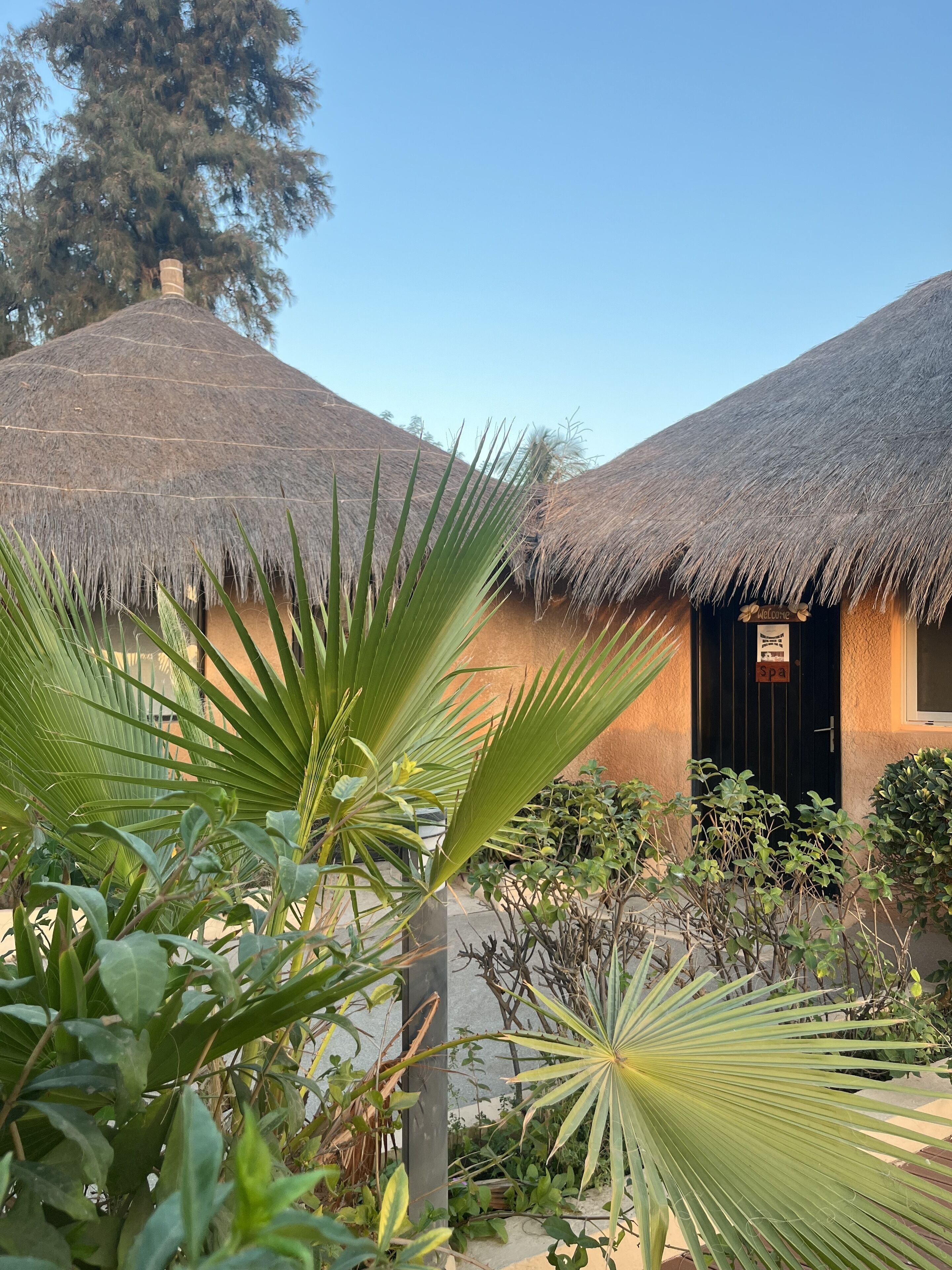 A thatched-roof building with a 'Spa' sign, surrounded by lush greenery.