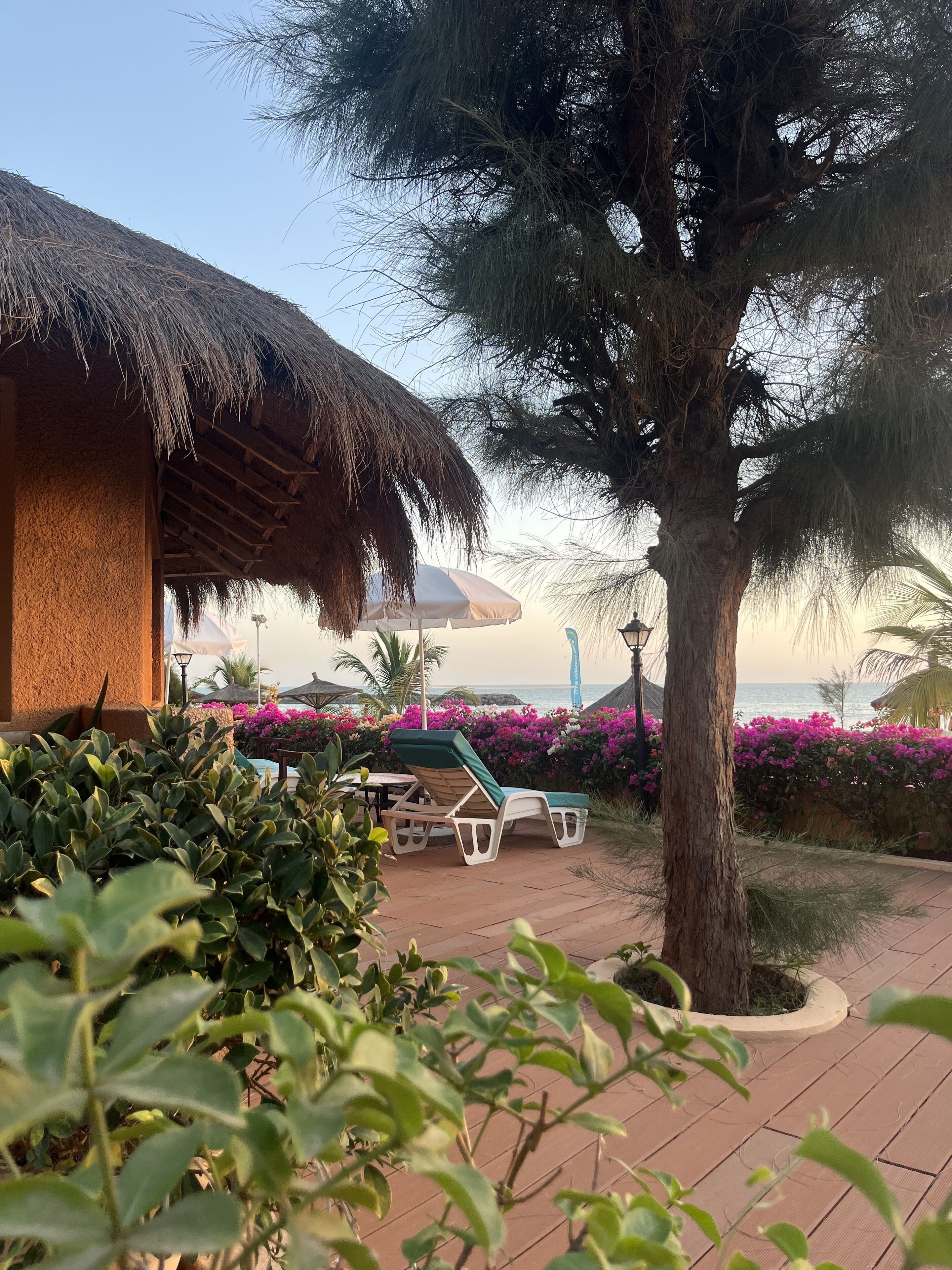 A thatched-roof building with a pool area, surrounded by lush greenery and vibrant flowers.