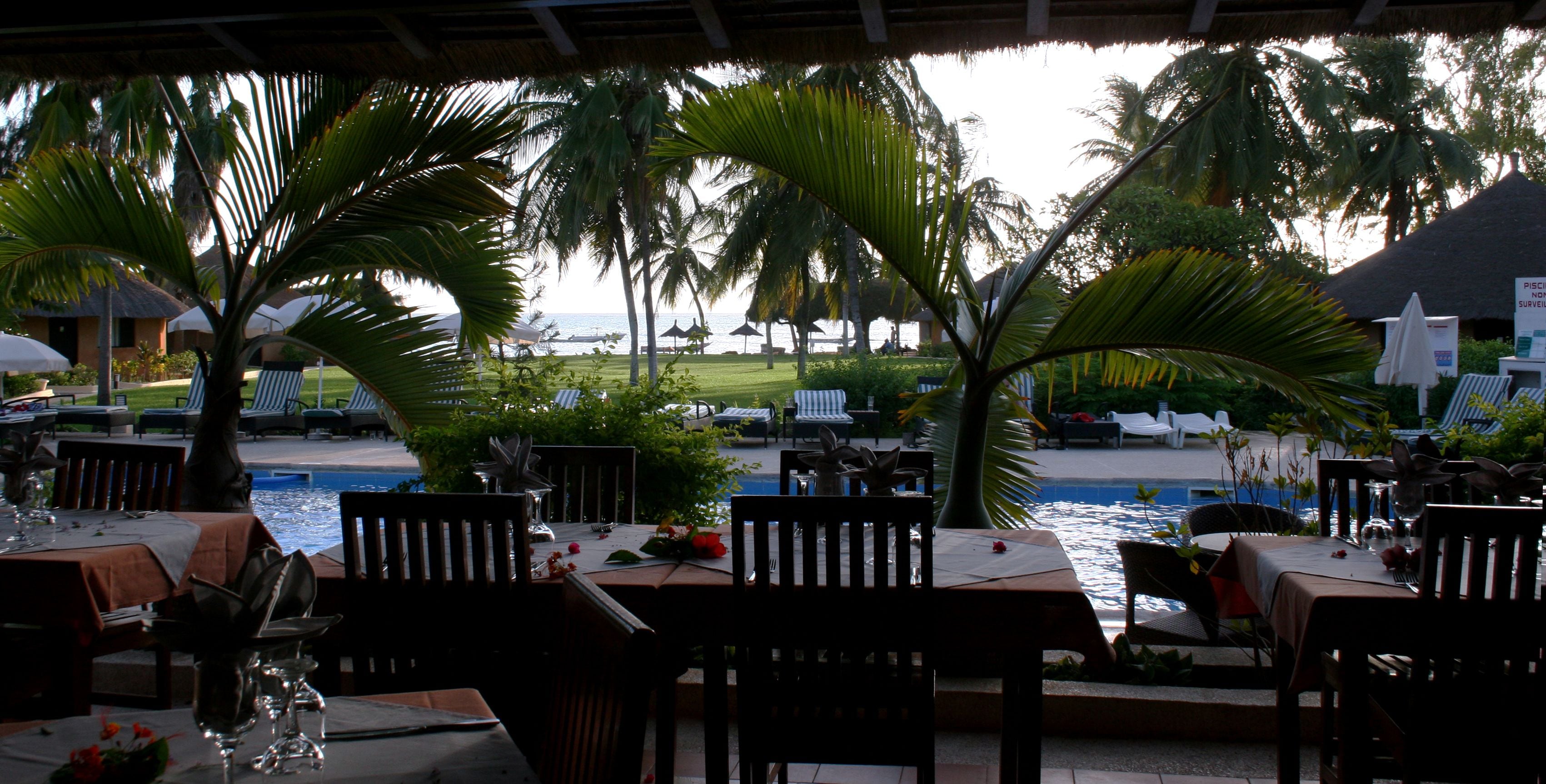 A restaurant with a pool view, outdoor seating, and palm trees.