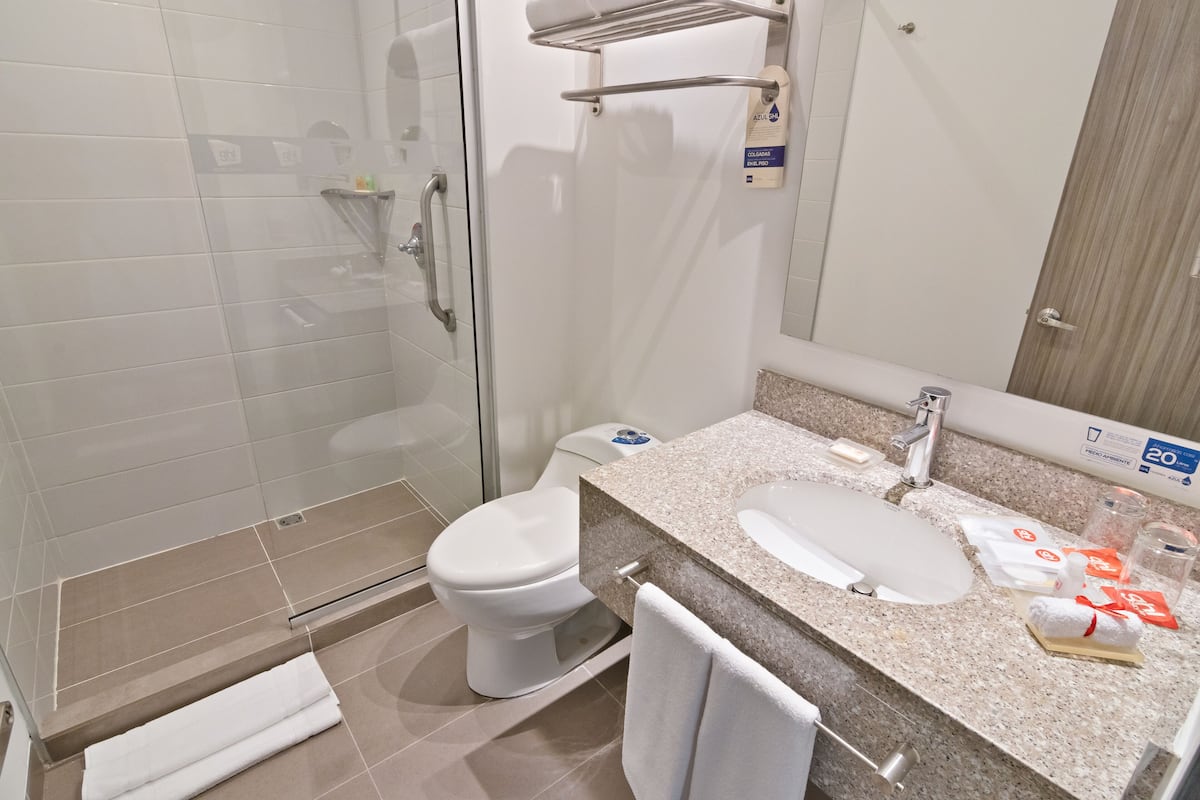 shower, rainfall showerhead, free toiletries, hair dryer