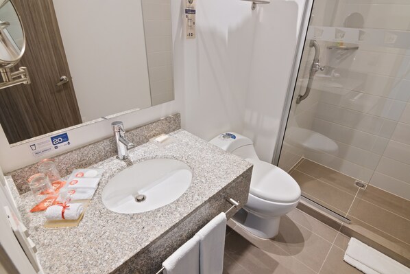 A modern bathroom with a granite countertop, a white sink, a toilet, and a glass shower enclosure.