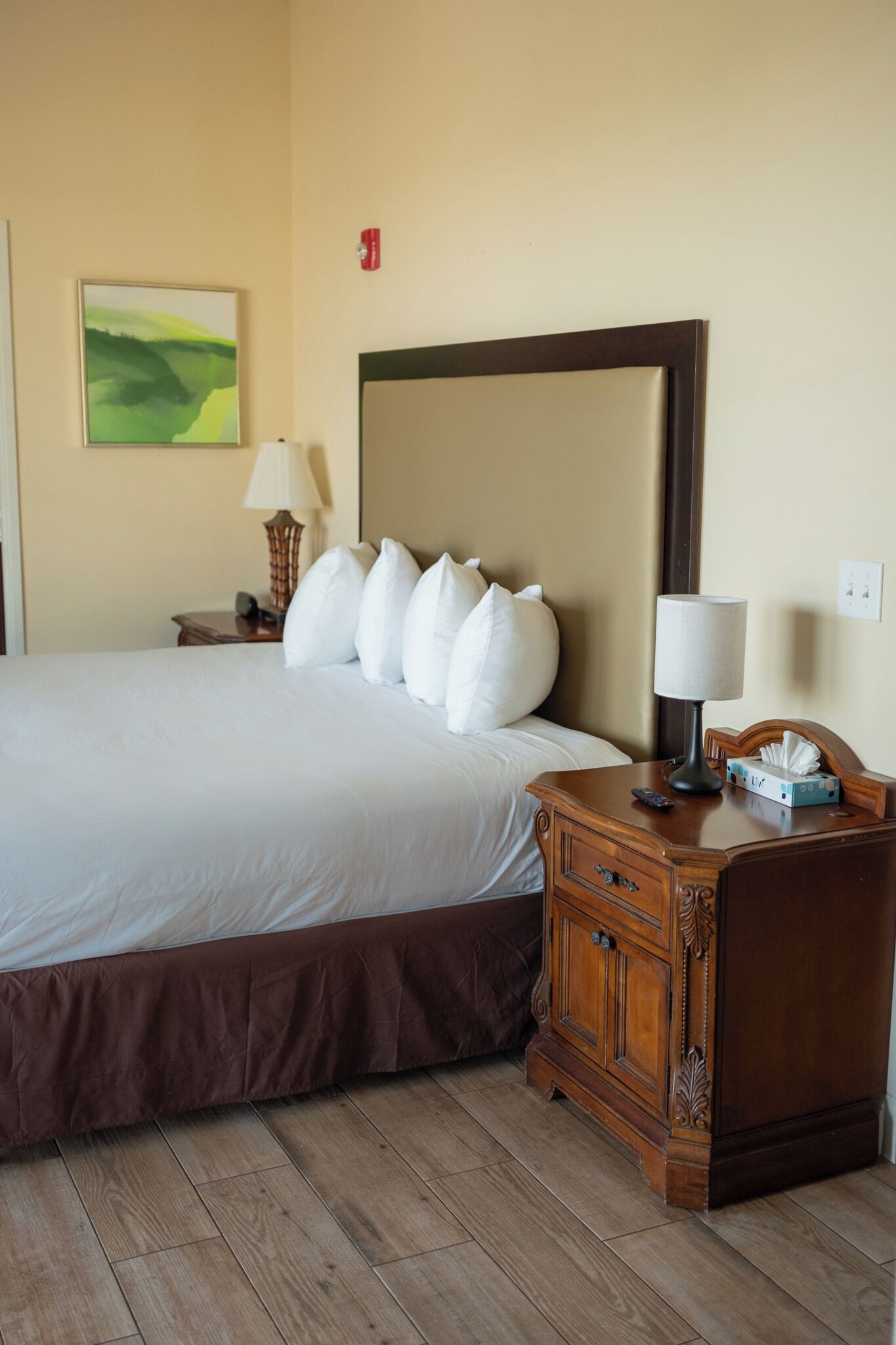 Premium bedding, desk, laptop workspace, iron/ironing board