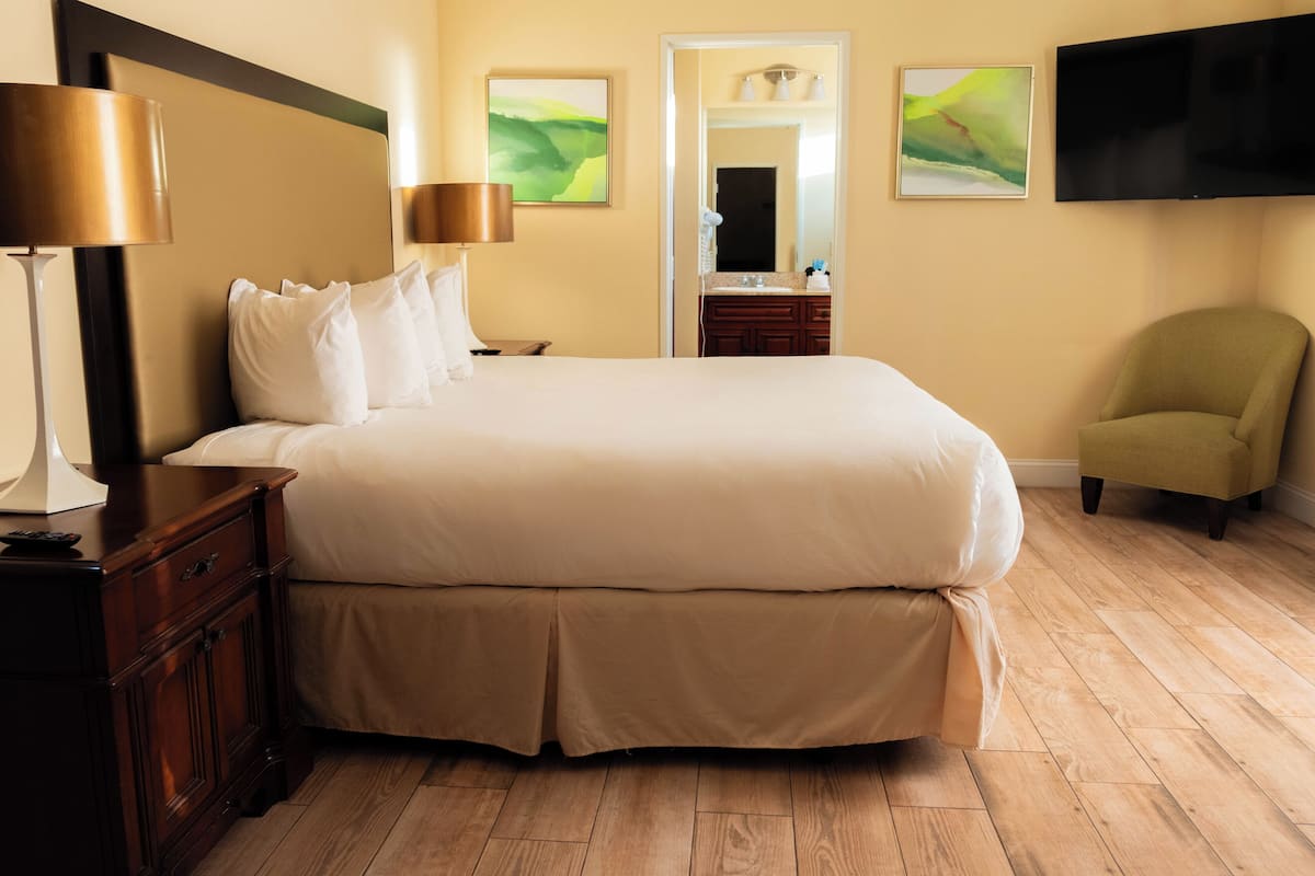Ein Hotelzimmer mit einem großen Bett, einem Nachttisch mit Lampe, einem grünen Sessel und einem flachbildfernseher an der Wand.