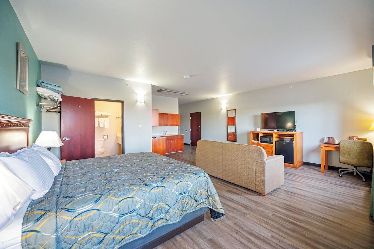 A hotel room with a large bed, a sofa, a desk, a TV, and a kitchenette.