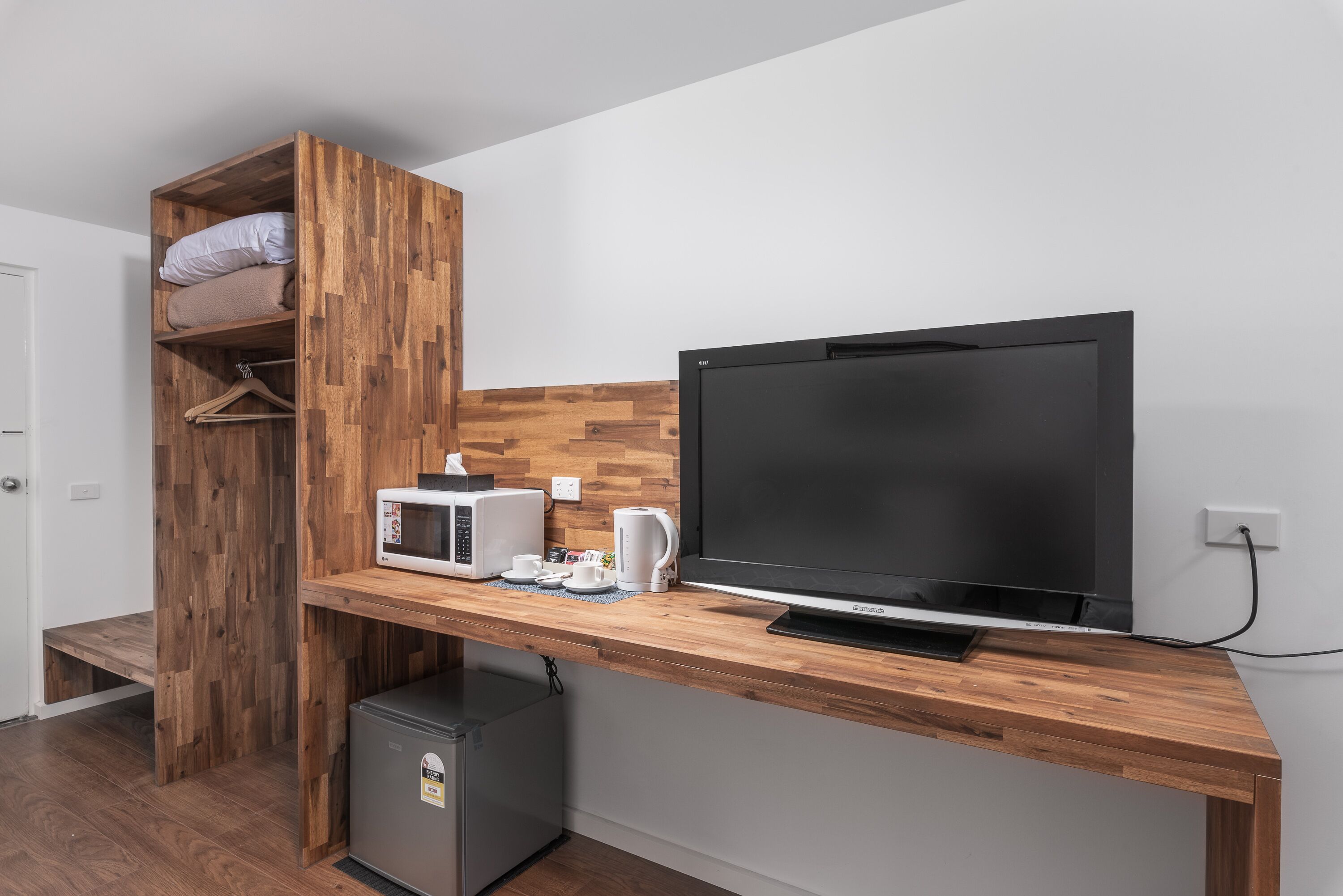 Desk, laptop workspace, blackout drapes, soundproofing