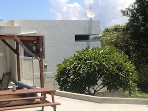 A modern building with a satellite dish, a wooden bench, and a well-maintained bush.