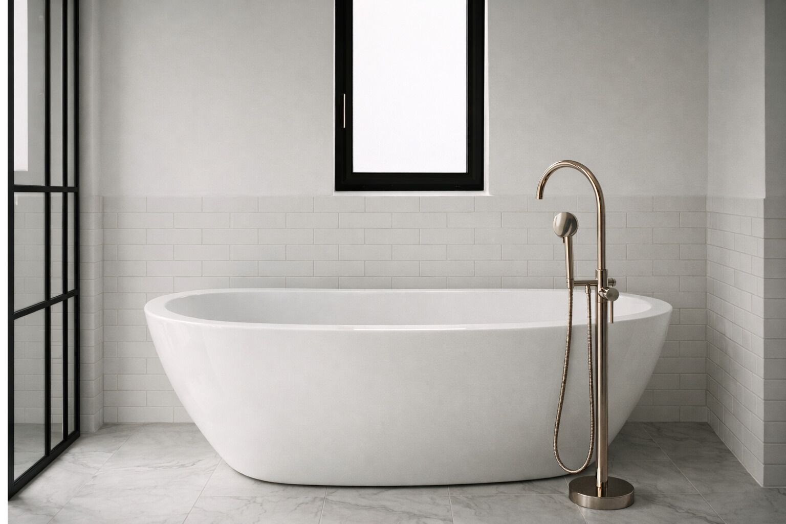 Een moderne badkamer met een vrijstaand bad, een douchecabine van glas en een minimalistisch ontwerp.