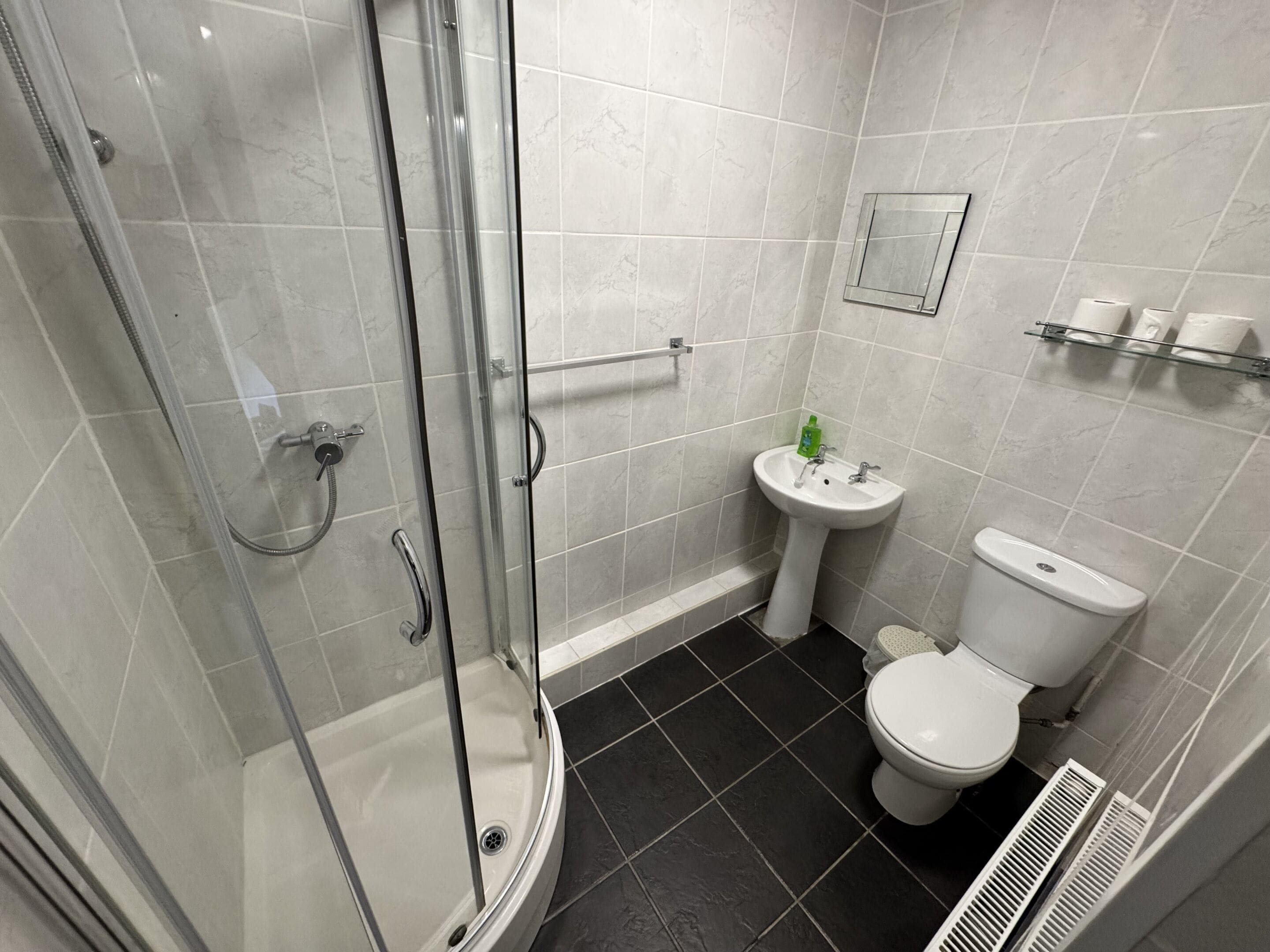 Une salle de bain avec une douche à parois de verre, un lavabo sur colonne et des toilettes.