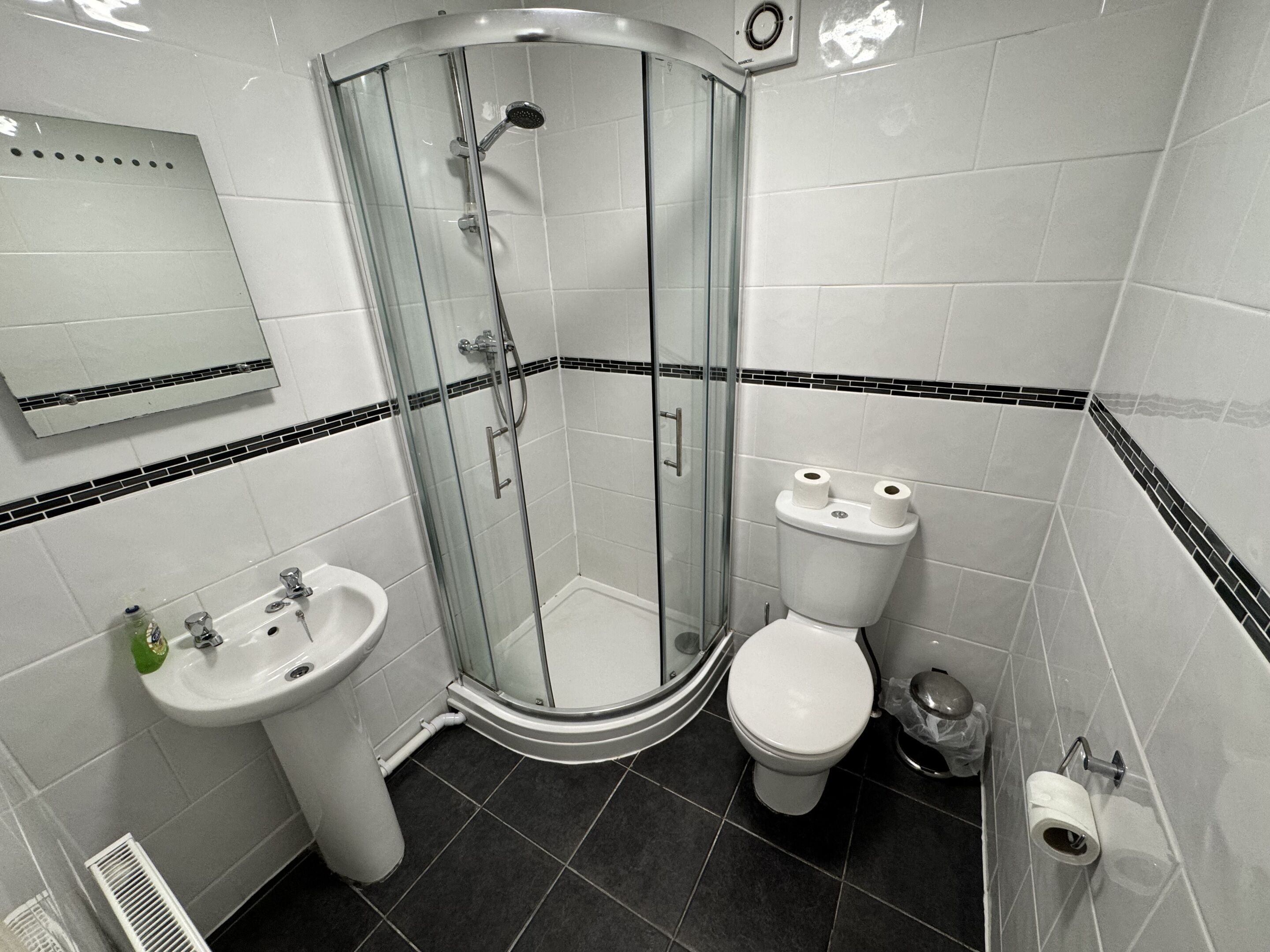 A corner bathroom with a glass-enclosed shower, a white sink, and a toilet.