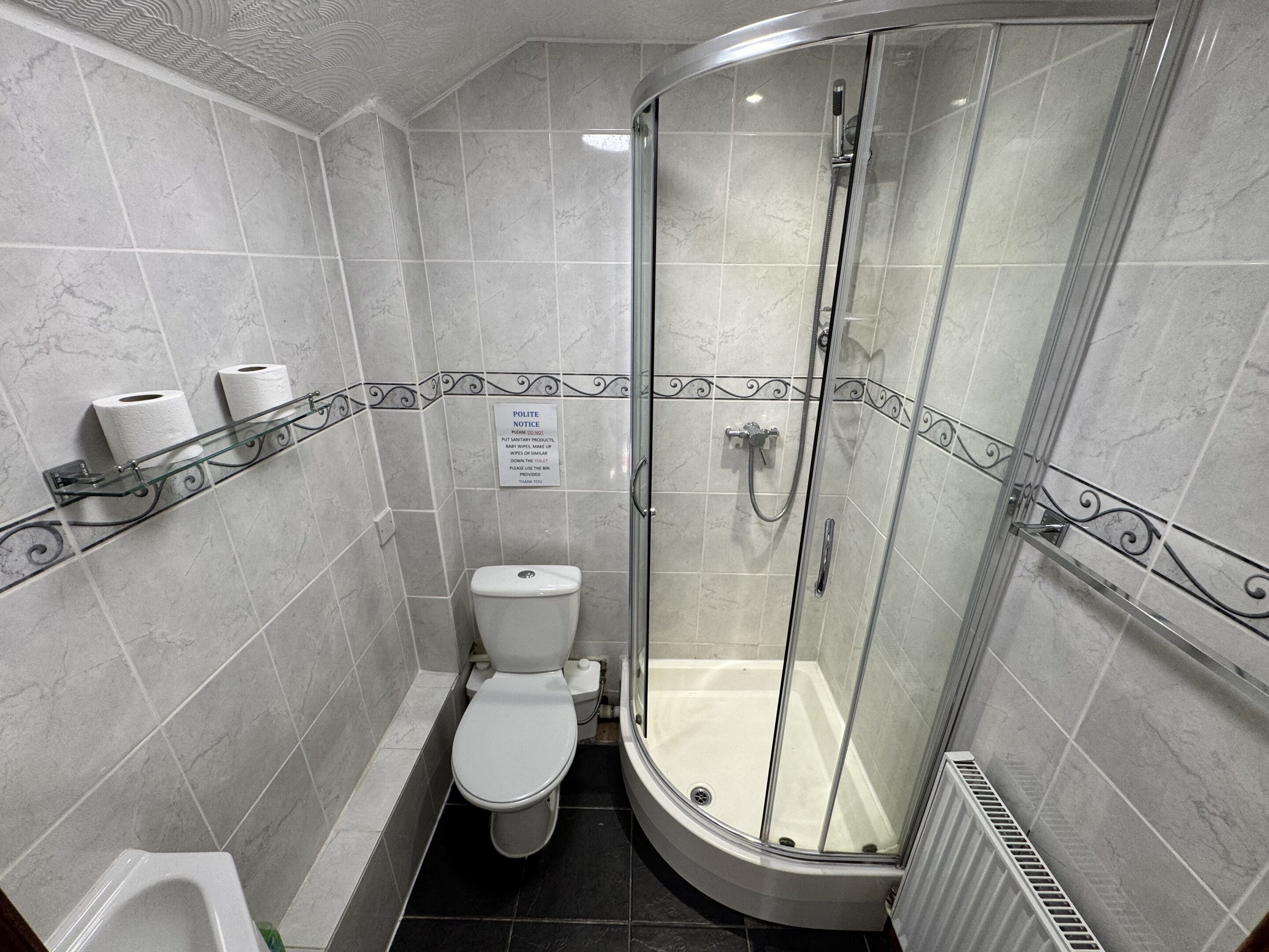A modern bathroom with a glass-enclosed shower, a toilet, and a bidet.