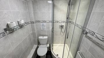 A modern bathroom with a glass-enclosed shower, a toilet, and a bidet.