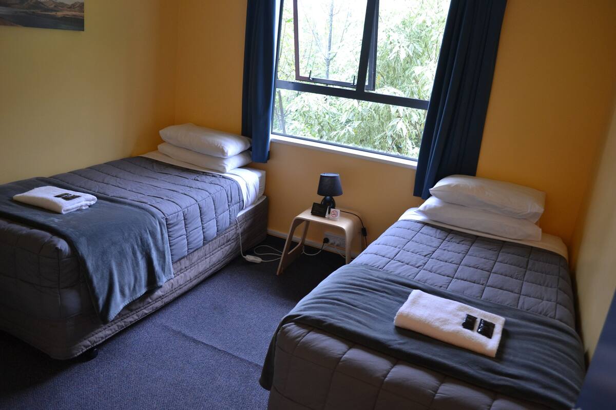 Twee enkele bedden met kussens en dekens, een nachtkastje met lamp, en een raam met gordijnen.