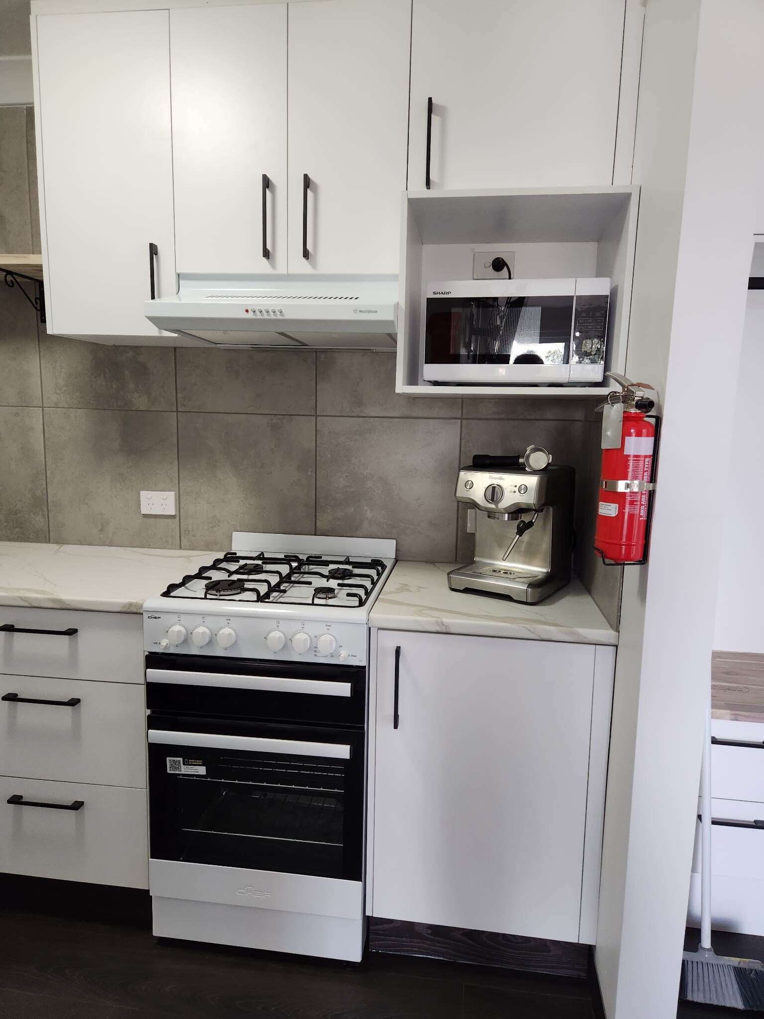 Fridge, microwave, coffee/tea maker, electric kettle