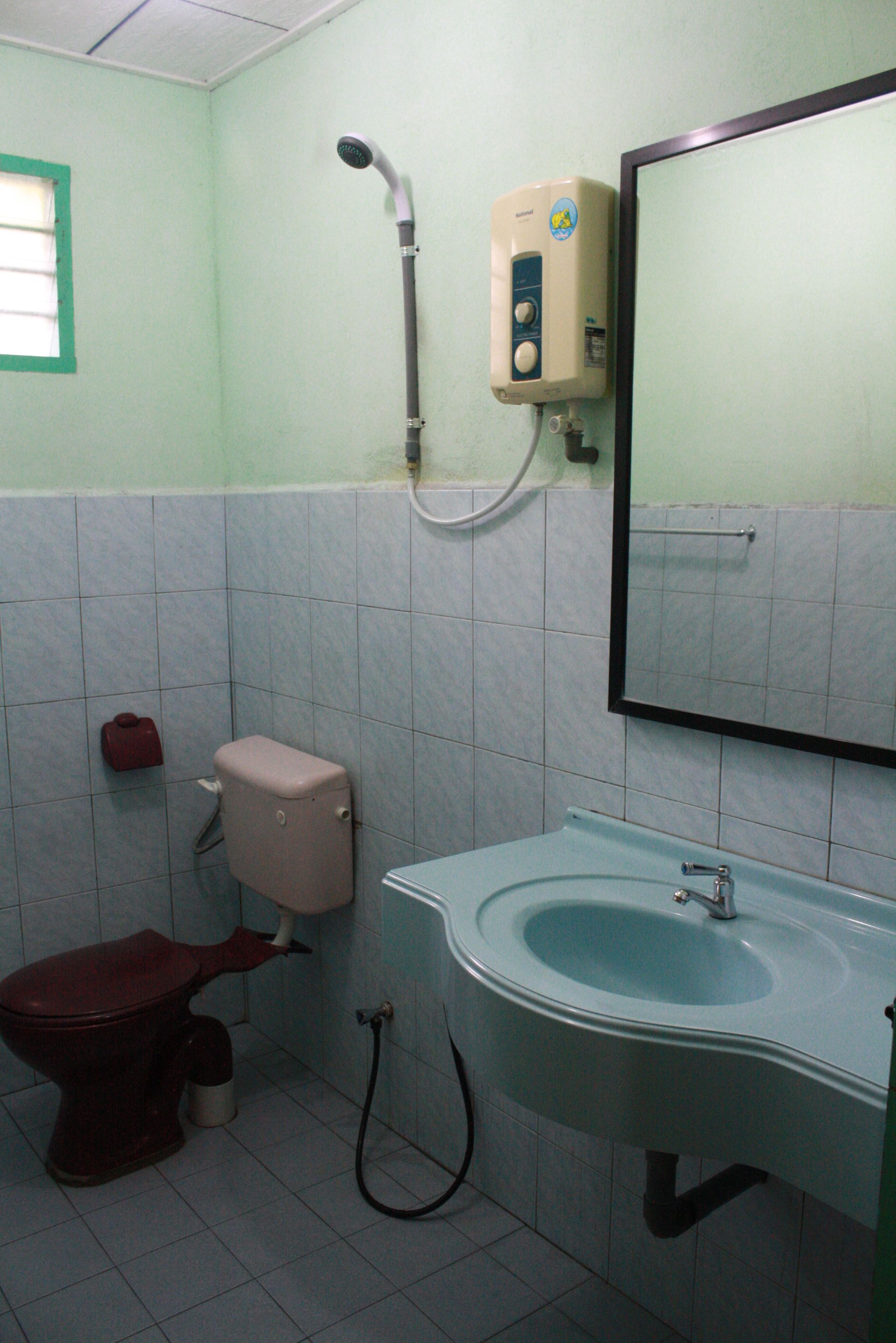 Un baño con inodoro, lavamanos y ducha.
