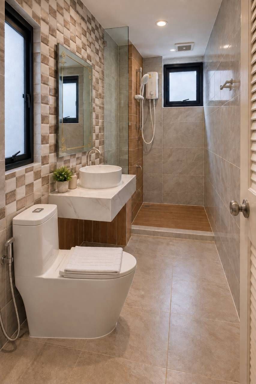 A modern bathroom with a toilet, sink, and shower.