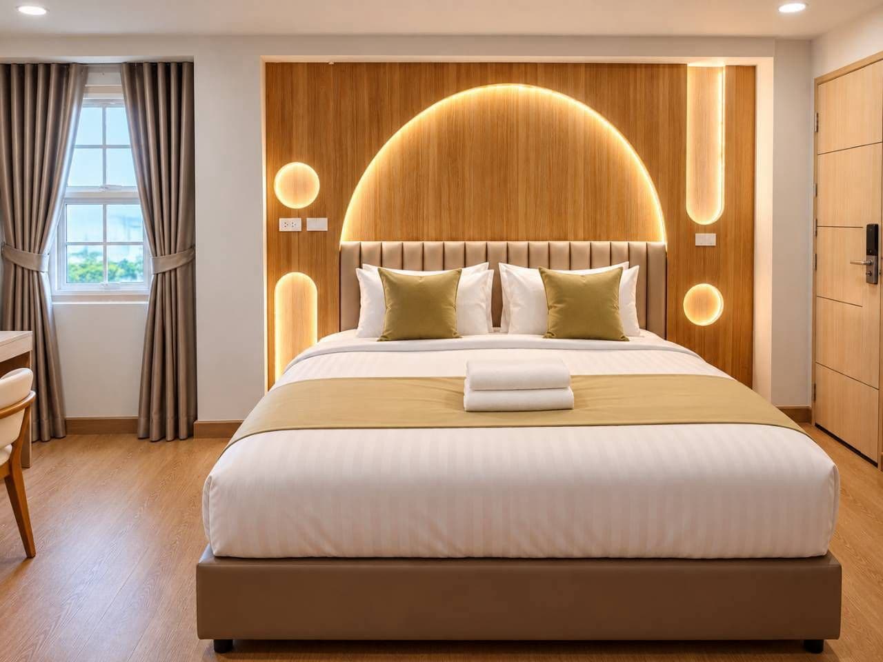Habitación de hotel con una cama grande, cabecera de madera y vistas al exterior por la ventana.