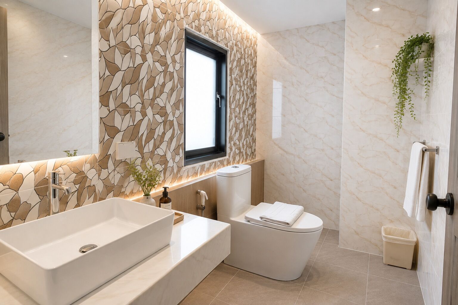 A modern bathroom with a large white sink, a toilet, and a window.