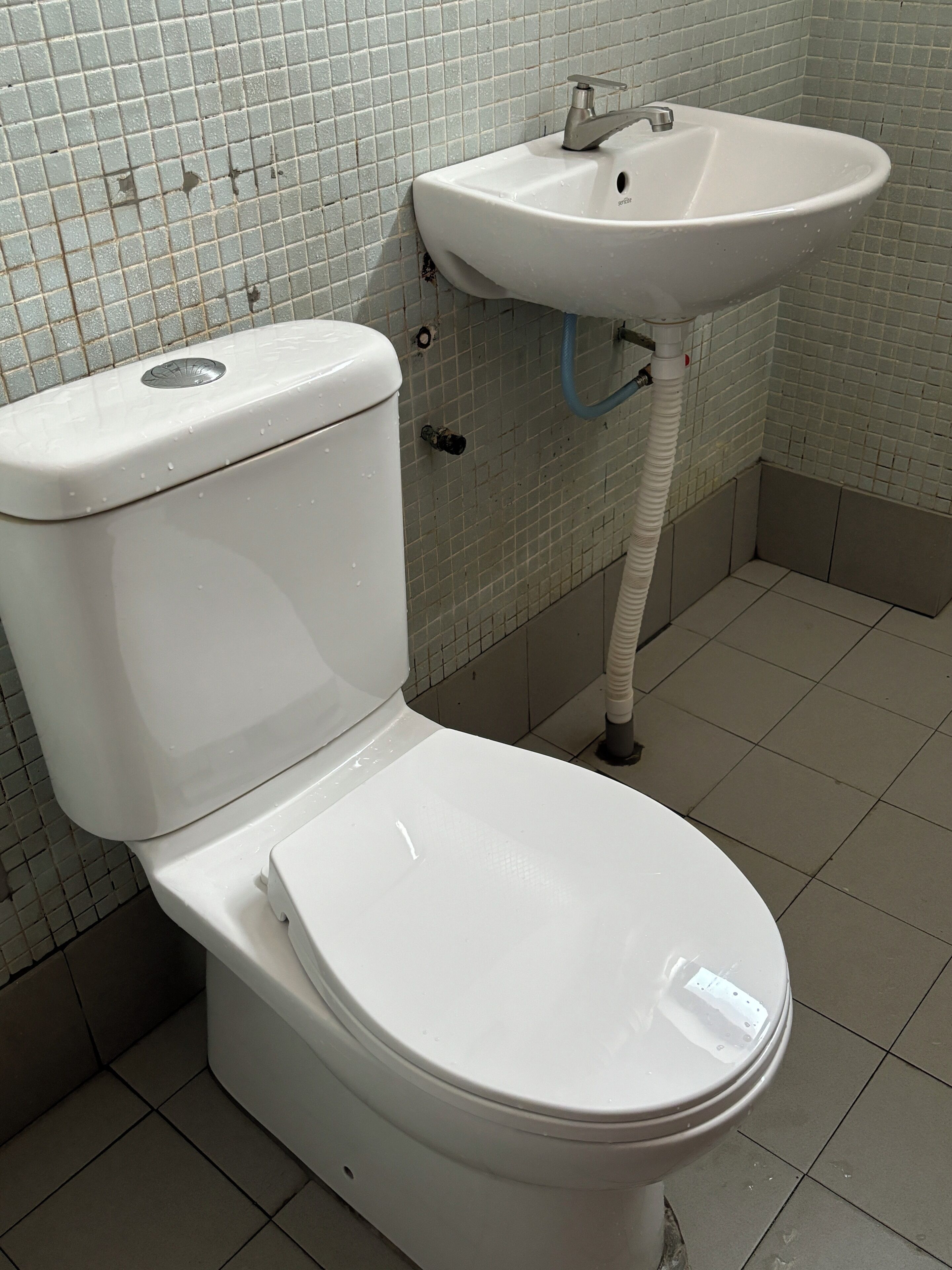 A standard white toilet with a tank and lid, a white sink with a faucet, and a blue hose connected to the sink.