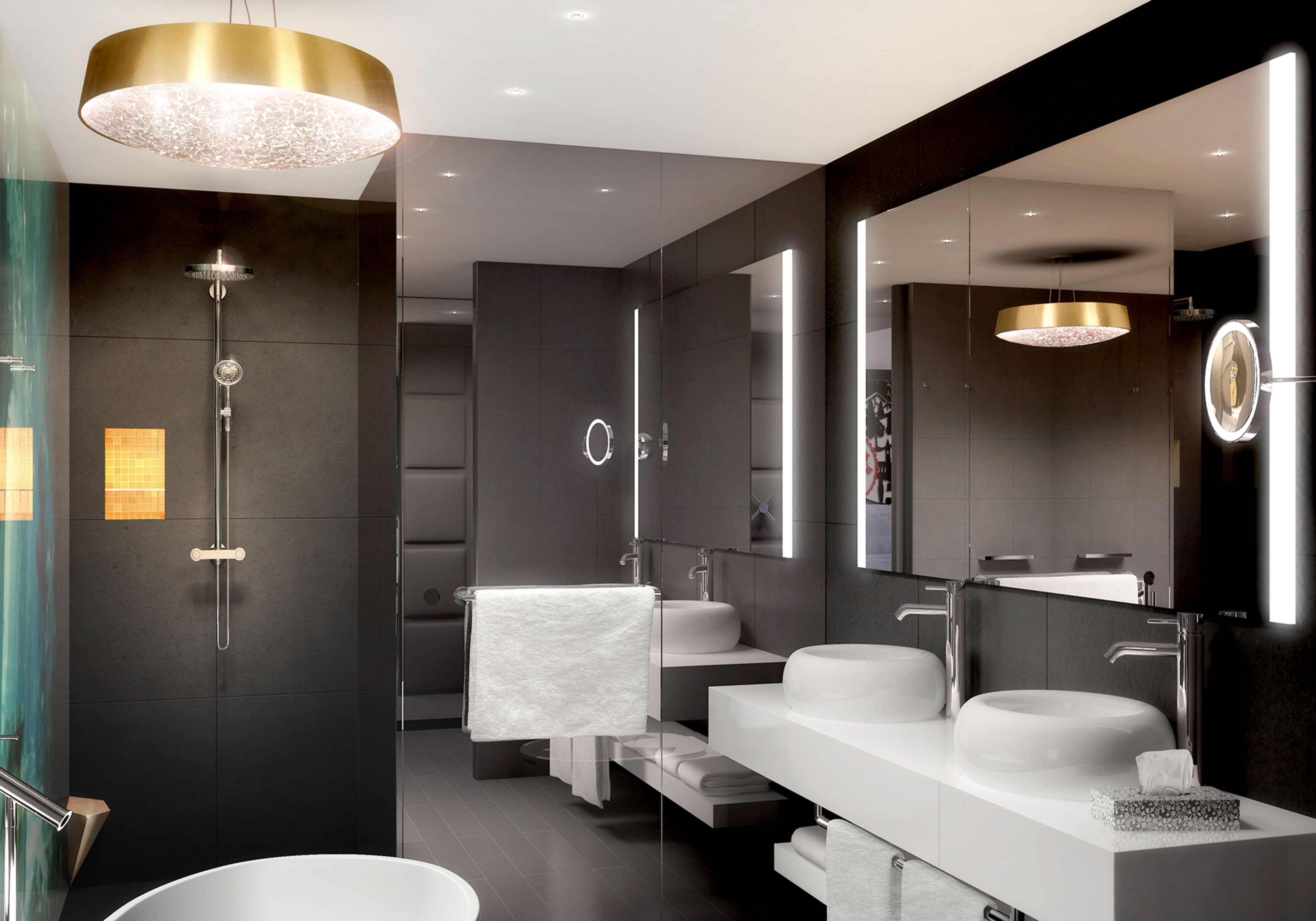Une salle de bain moderne avec un grand miroir, deux vasques, une douche et un luminaire suspendu doré.
