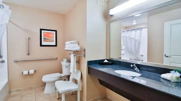 A bathroom with a sink, toilet, and chair, equipped with handrails and a picture on the wall.