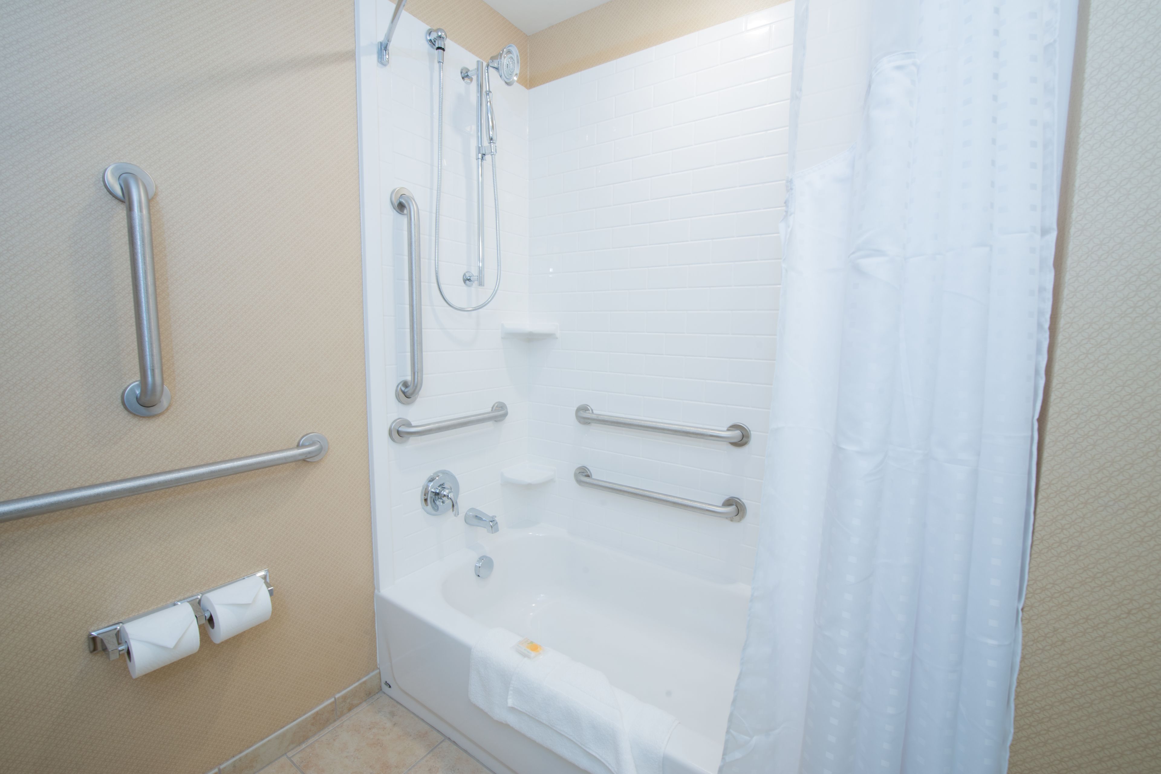 Un baño con bañera, barras de apoyo, un dispensador de papel higiénico y zona de ducha.