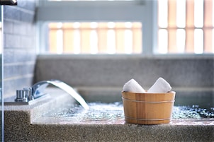 Combined shower/tub, spring water tub, hair dryer, slippers