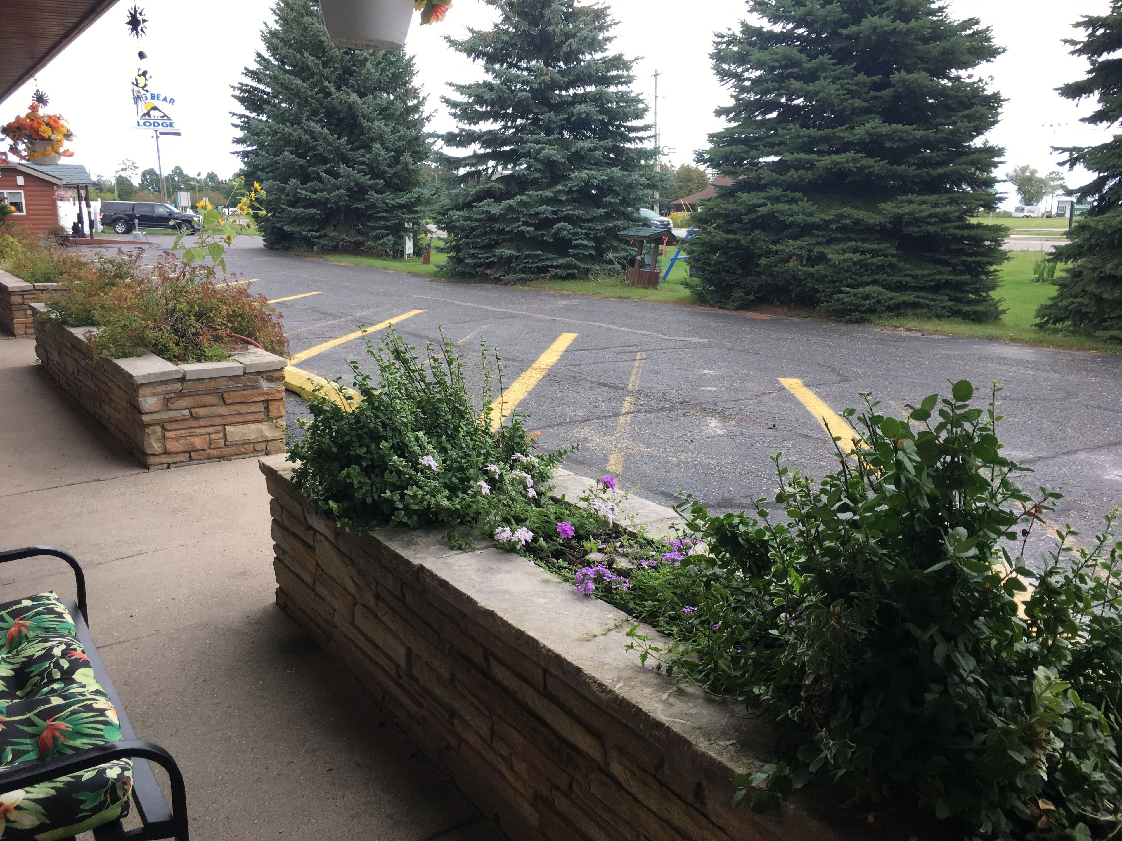 A parking lot with marked spaces, a stone planter with flowers, and a sign for 'Bear Lodge'.