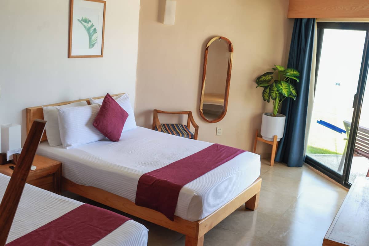 Habitación de hotel con cama, mesita de noche, silla, planta en maceta y un ventanal grande.
