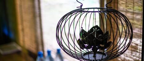 A hanging metal birdcage with a plant inside, positioned near a window with blinds.