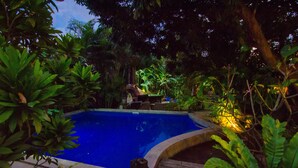 Piscina rodeada de exuberante vegetación y una terraza de madera.