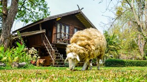 Una cabaña de madera rústica con balcón, rodeada de abundante follaje y un césped.