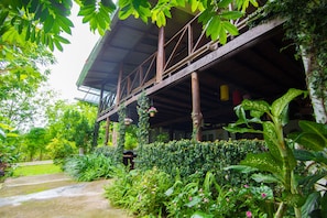 A wooden building with a covered porch surrounded by lush greenery and a concrete pathway.