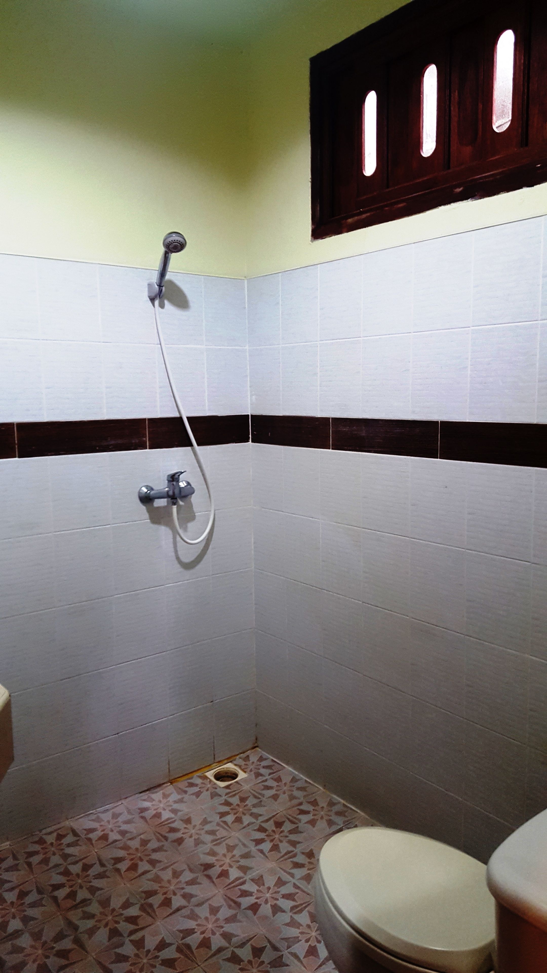 A small bathroom with a shower, toilet, and a cabinet above the toilet.
