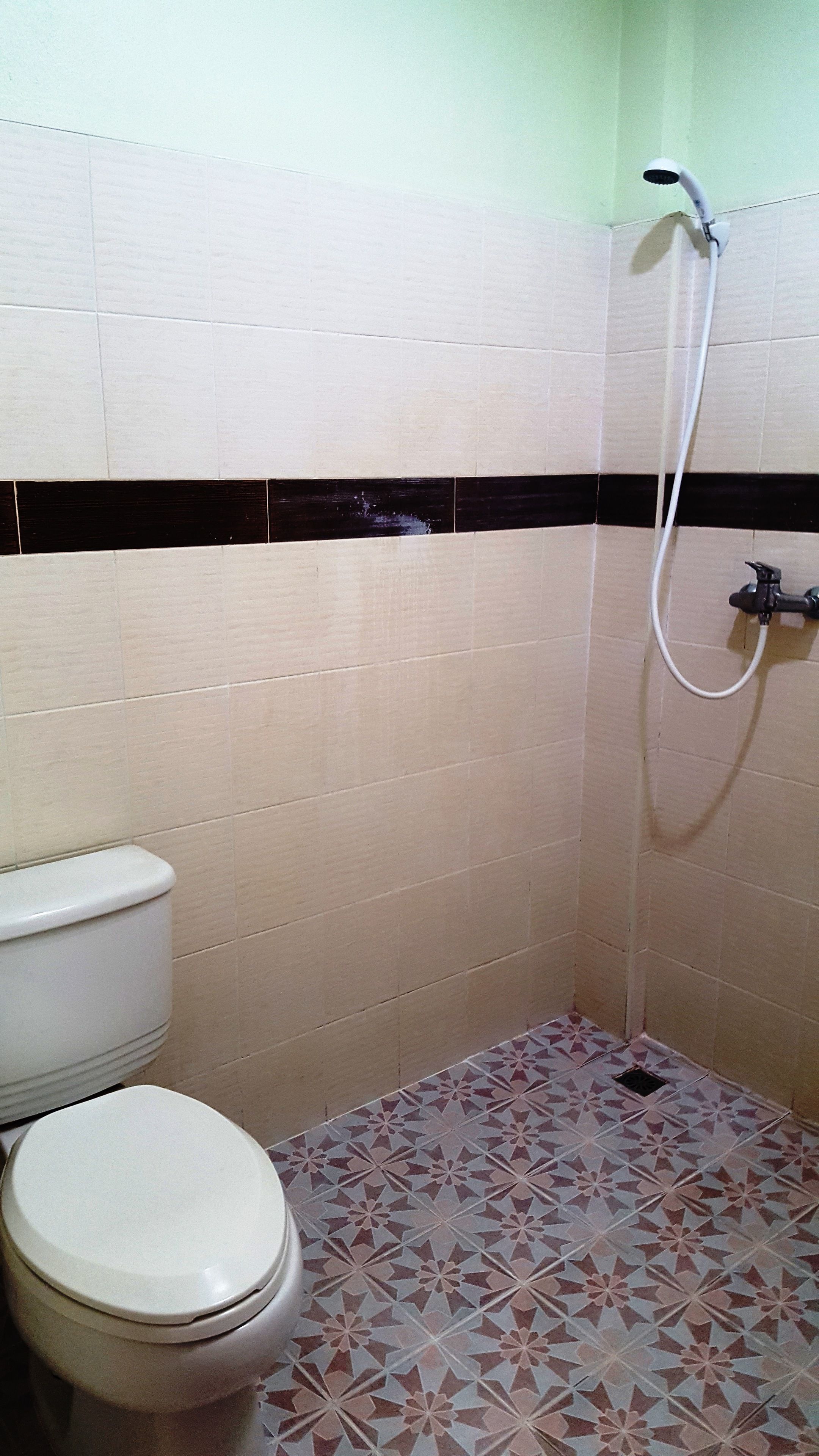 Une salle de bain avec des toilettes, une douche et des carreaux de sol à motifs.
