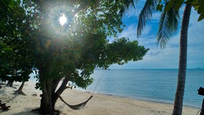 Ein Strand mit einer Hängematte unter einem Baum, einer Palme und einem ruhigen Meer.