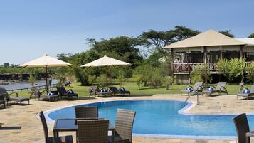 Outdoor pool, pool umbrellas, pool loungers