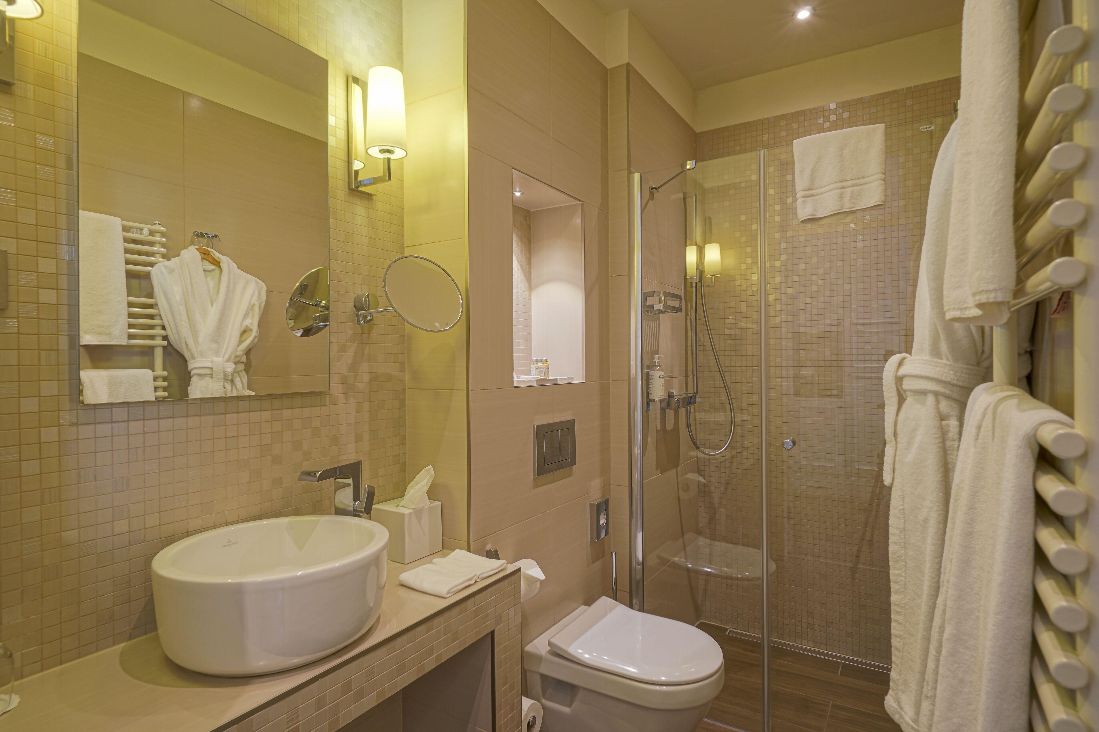A modern bathroom with a large sink, toilet, and glass-enclosed shower.