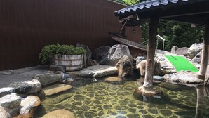 A traditional Japanese garden with a clear pond, rocks, a wooden structure, and a green mat. - Okada Ryokan Warakutei (Takayama)