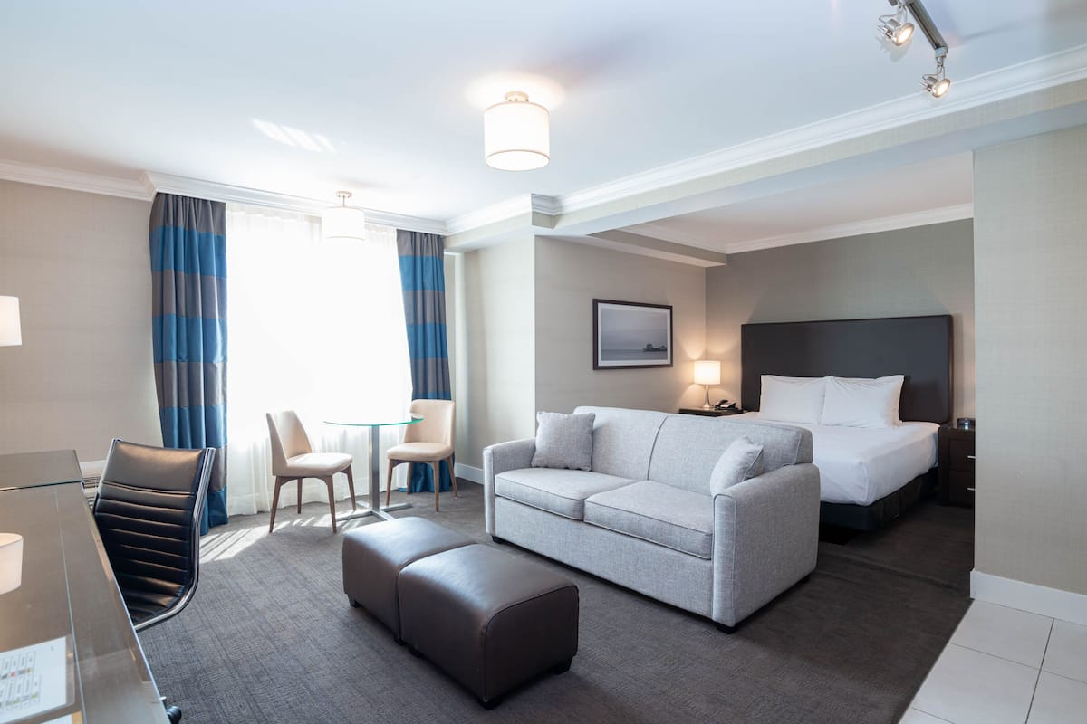 A hotel room with a bed, a sofa, a desk, and a chair.