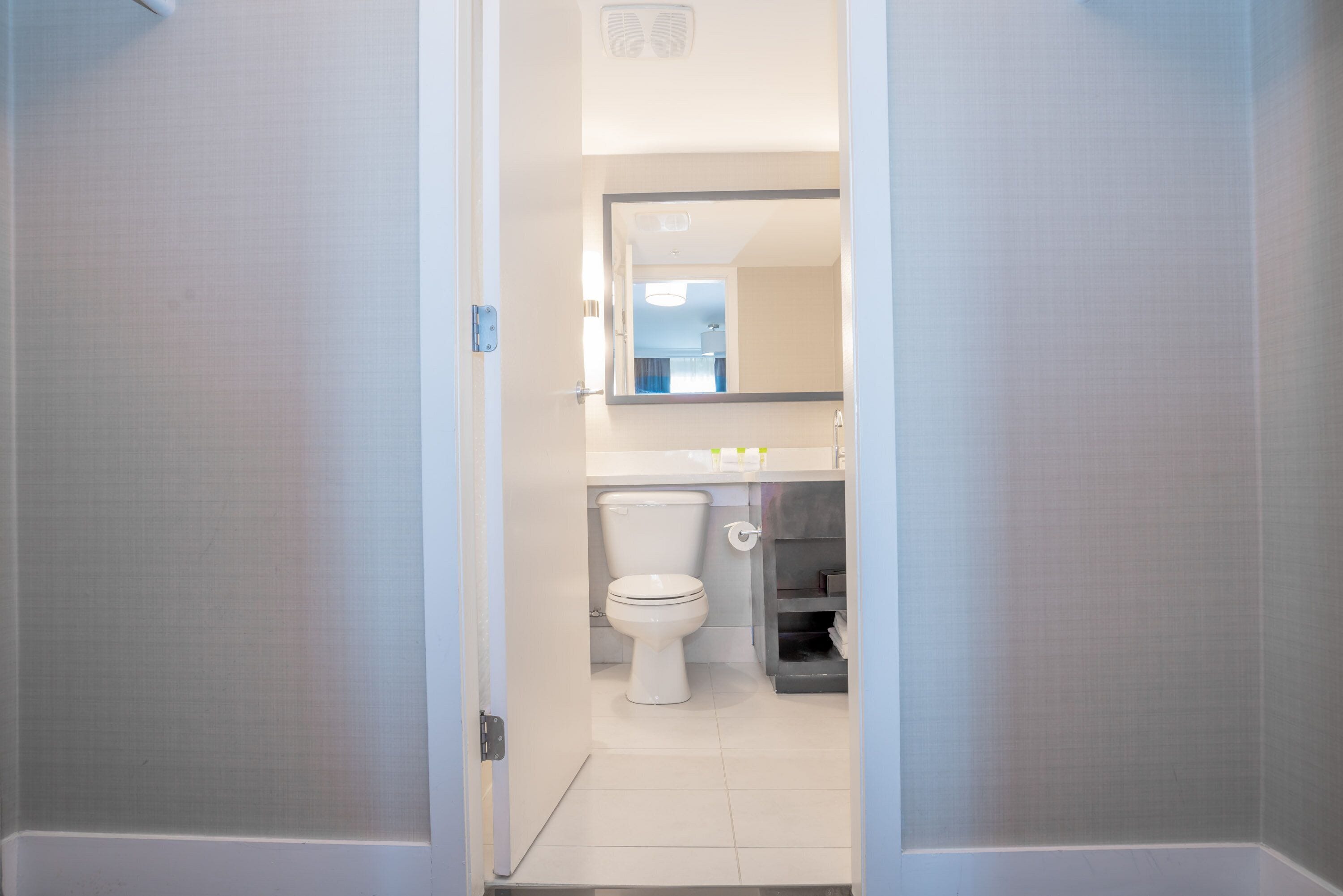Une salle de bain avec des toilettes, un lavabo et un miroir.