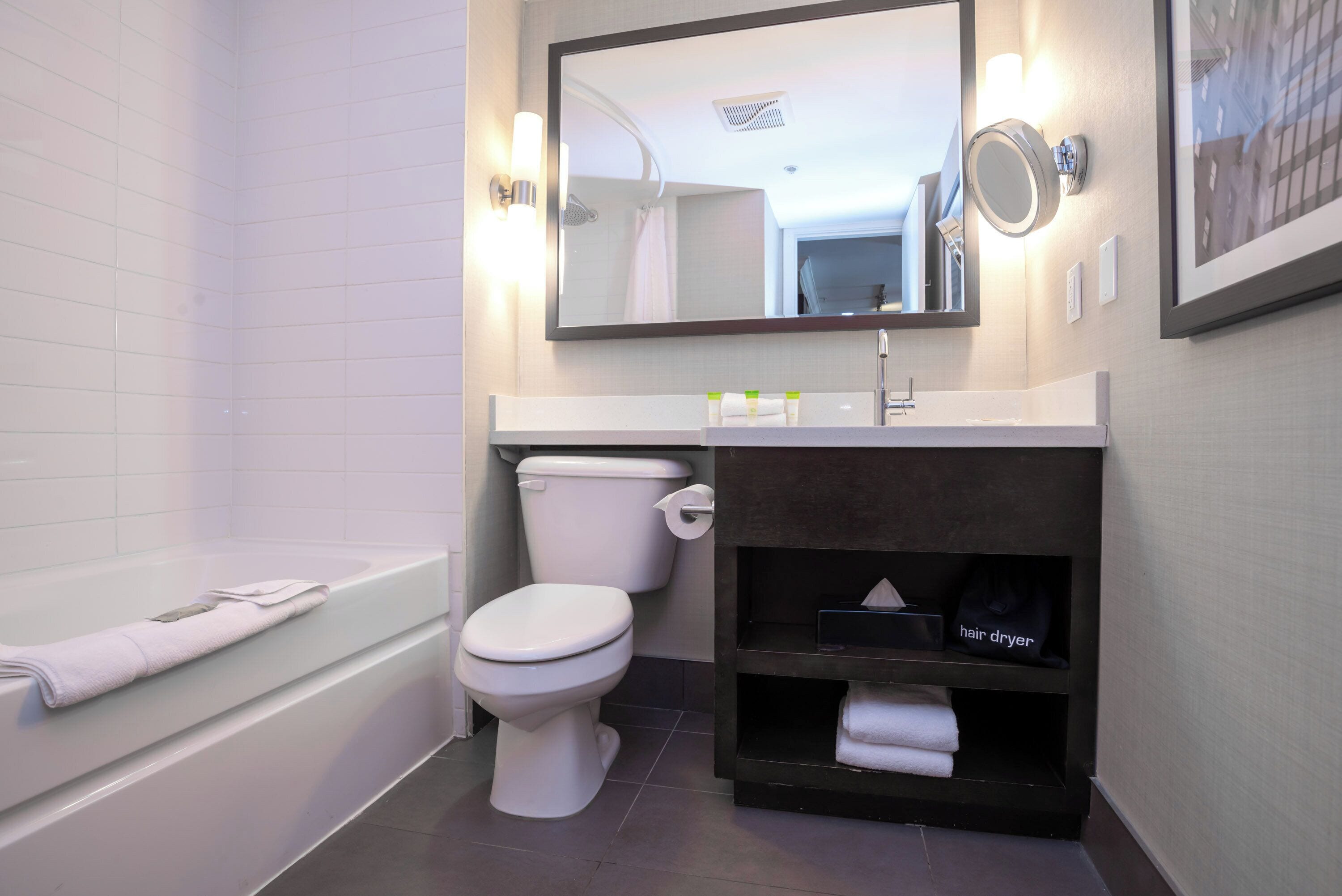 A modern bathroom with a white bathtub, a white toilet, a vanity with a dark cabinet, and a large mirror above the sink.