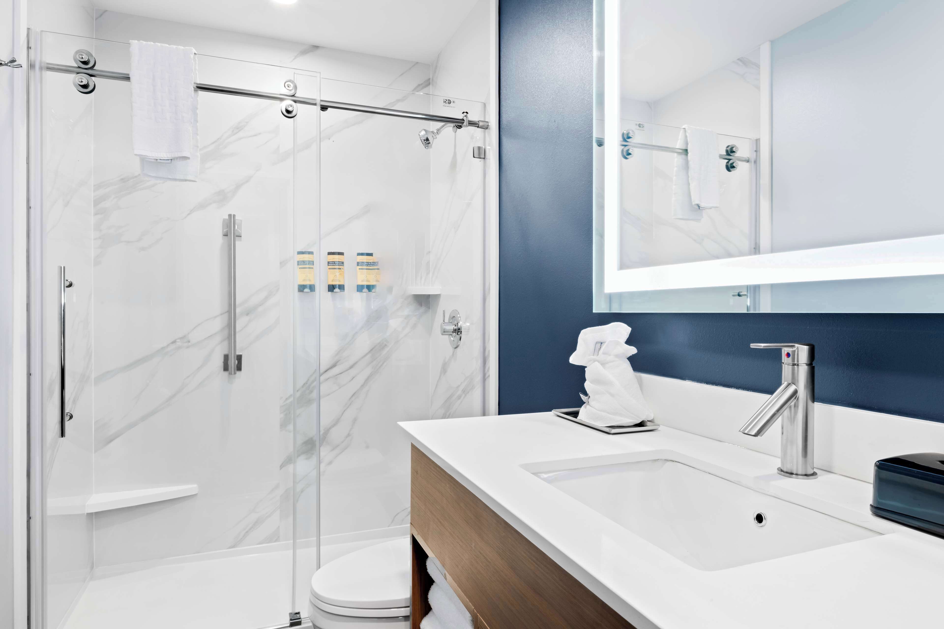 A modern bathroom with a glass-enclosed shower, a white sink, and a large mirror.