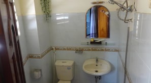 Une salle de bain équipée de toilettes, d’un lavabo et d’une douche.