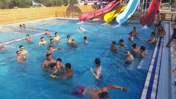 Seasonal outdoor pool, open 10 AM to 8 PM, pool umbrellas, sun loungers