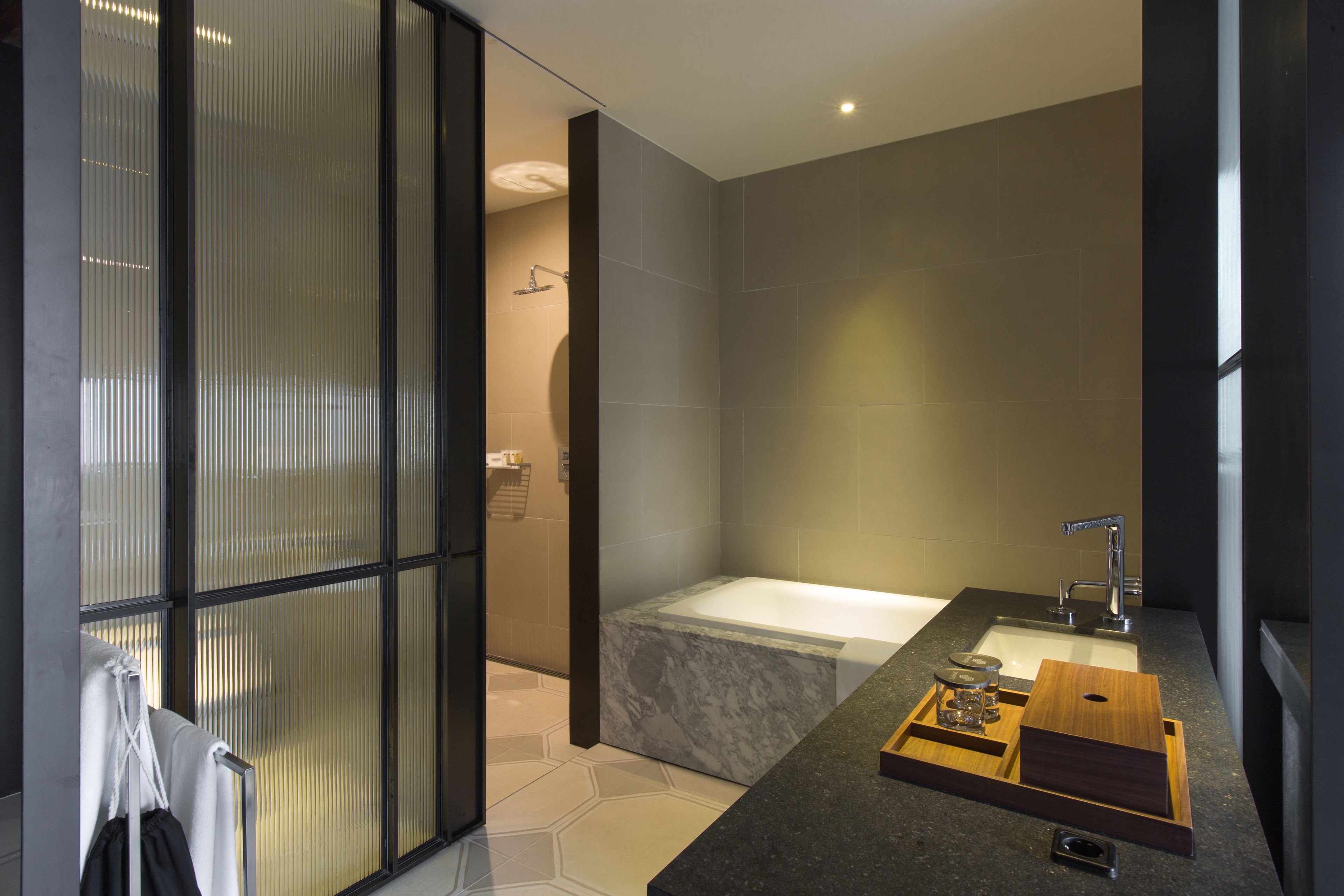 rainfall showerhead, hair dryer, bathrobes, slippers